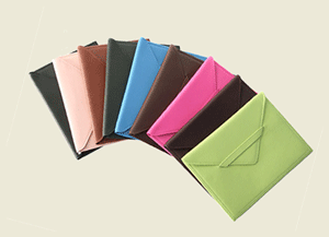 pink, grteen blue, red, black and tan leather photo envelopes